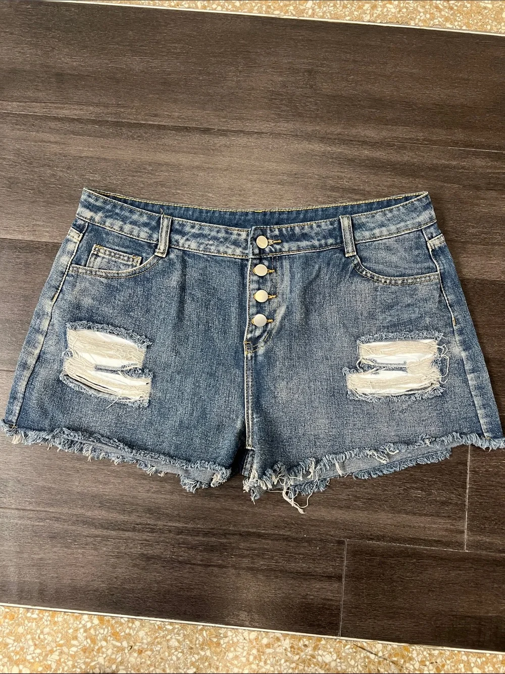 Distressed High-Rise Denim Shorts in Blue